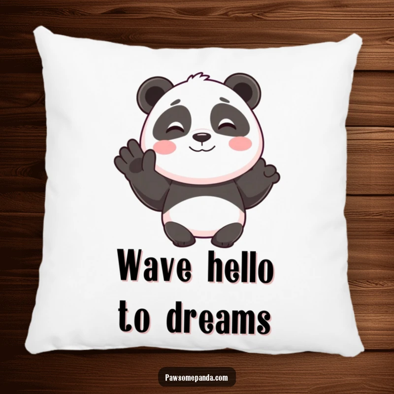 Funny pillow depicting a smiling panda character giving a happy wave, offering comfort and cheerful amusement.
