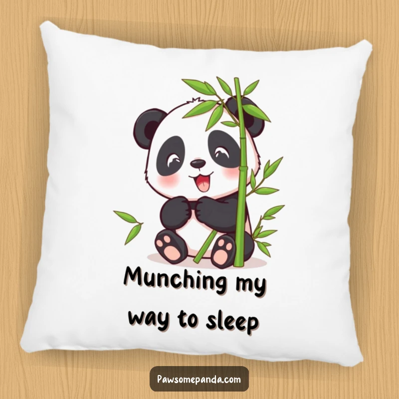 Funny pillow with a happy panda character peacefully eating bamboo, offering plush comfort and cute, nature-inspired decor.