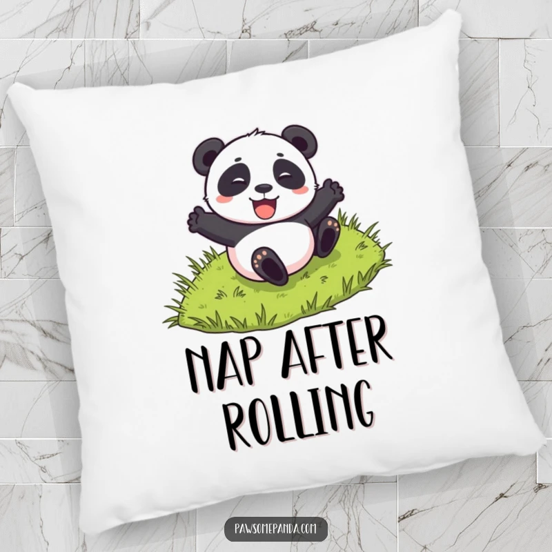 Funny pillow featuring a panda character excitedly rolling down a grassy hill, adding cozy and playful charm.
