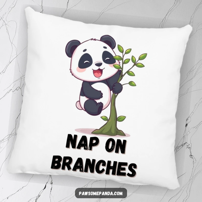 Funny panda pillow featuring a cheerful panda character with stubby legs enthusiastically climbing a small tree, perfect for adding comfort and humor.