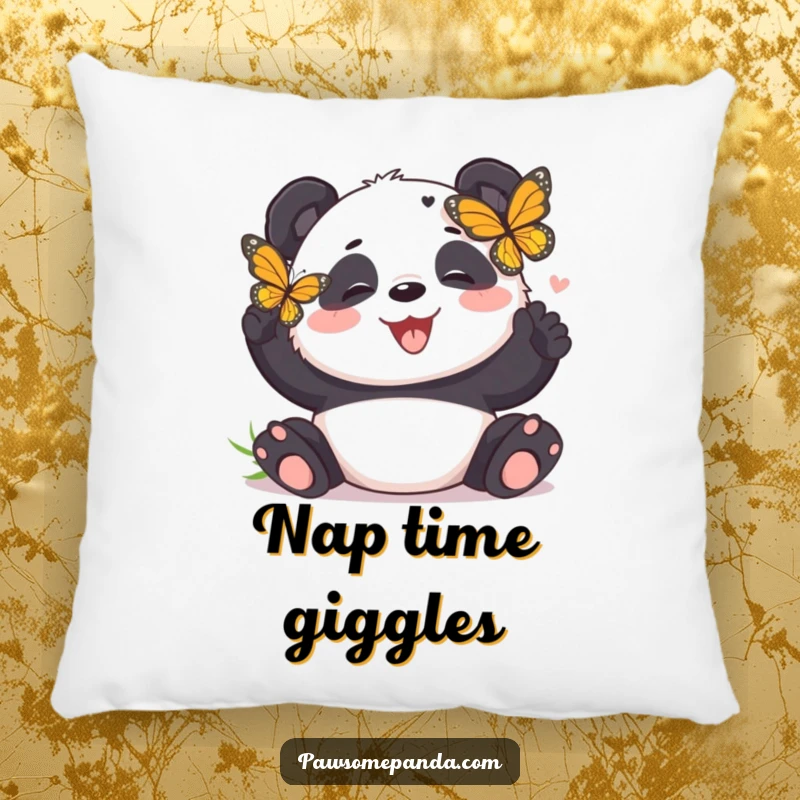 Funny panda pillow featuring a panda bear giggling while a butterfly tickles it, perfect for cozy, humorous moments.