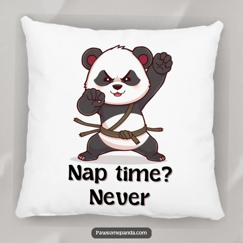 Funny pillow featuring a panda in a dynamic martial arts pose, adding a touch of humor and comfort to any room.