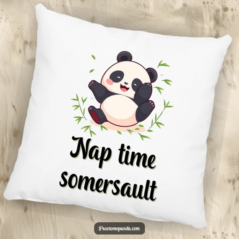 Funny pillow featuring a round panda doing a happy somersault with bamboo leaves, perfect for cozying up.