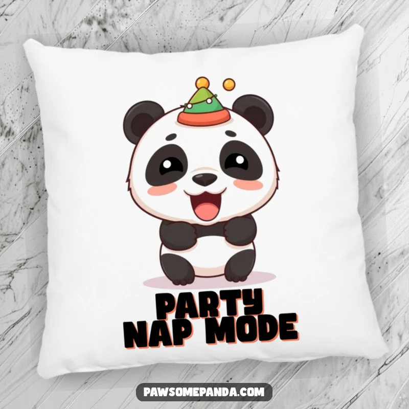 Funny decorative pillow with a stocky panda roaring and wearing a small festive hat, adding playful charm and comfort.