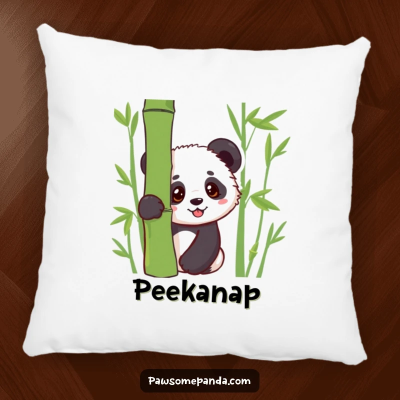 Funny pillow featuring a soft kawaii panda cub peeking shyly from behind a bamboo stalk, adding comfort and cuteness.