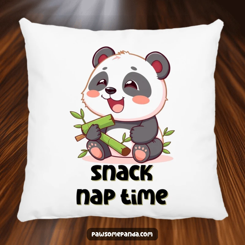Funny pillow featuring a soft kawaii panda cub happily munching on bamboo, perfect for adding comfort and a cheerful vibe.