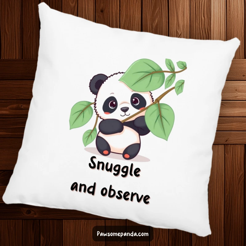 Funny panda pillow featuring a curious panda bear peeking from behind a large leafy fan, for cozy, humorous moments.