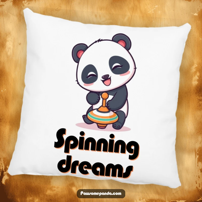 Funny panda pillow featuring a playful panda character with a mischievous grin balancing a spinning top, perfect for adding comfort and humor.