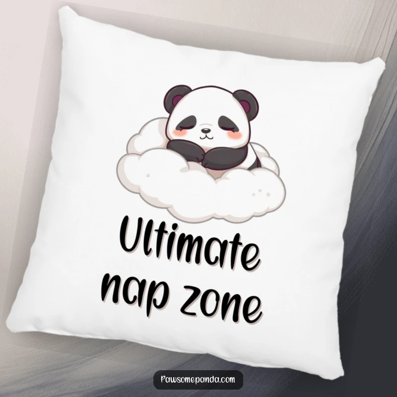 Funny decorative pillow with a sleepy panda character contentedly rolling in fluffy clouds, perfect for peaceful naps.