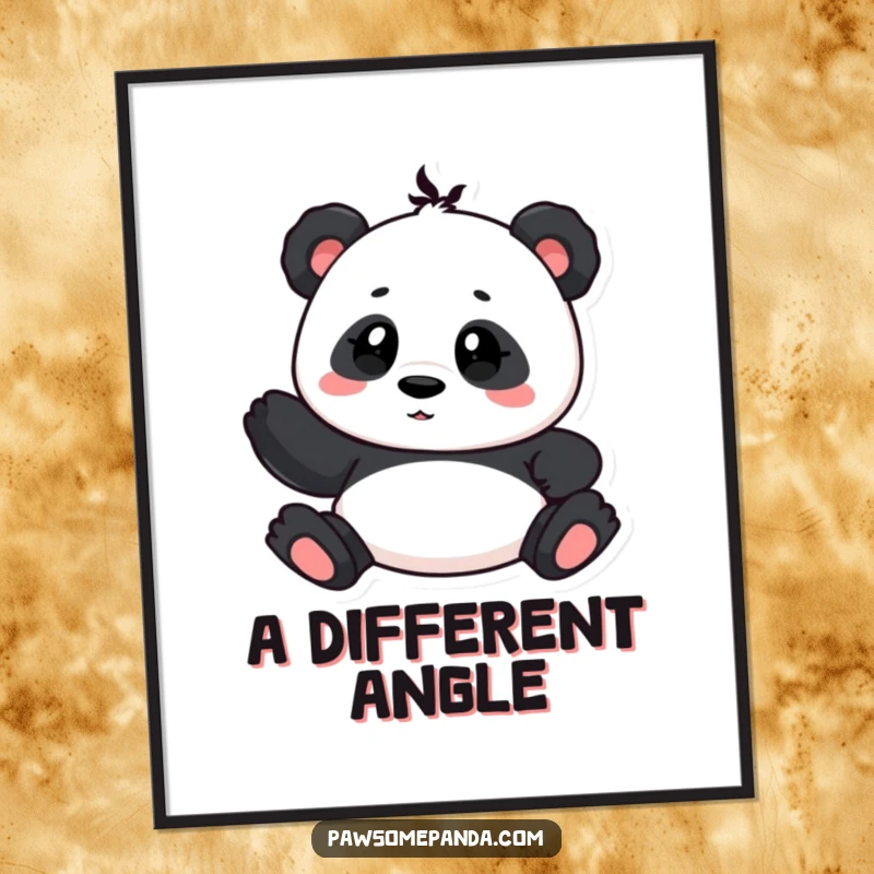 Funny digital art print of a cute panda character with a curious head tilt, offering a downloadable dose of intrigue.