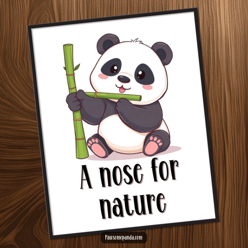 Funny panda digital art print of a chubby panda bear balancing a bamboo shoot on its nose, a humorous masterpiece.