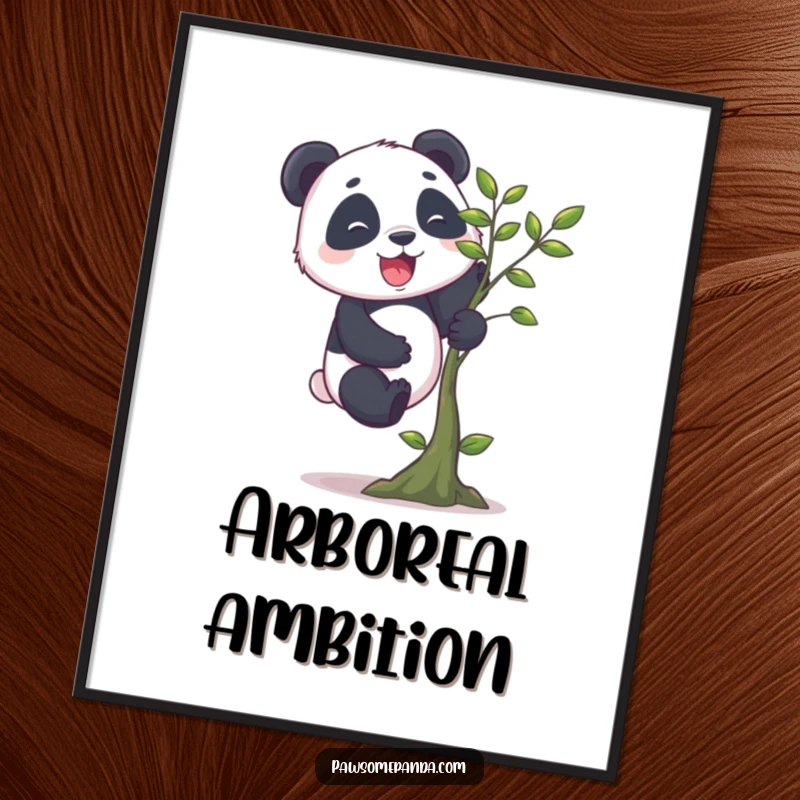 Funny panda climbing digital art print of a cheerful panda with stubby legs enthusiastically climbing a small tree, radiating pure amusement and determination.