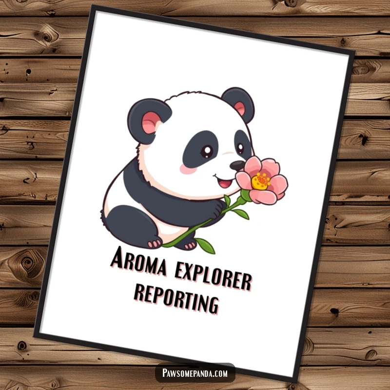 Funny panda digital art print of a curious panda sniffing a blooming flower with alert ears, bringing gentle wonder and humor to any wall.