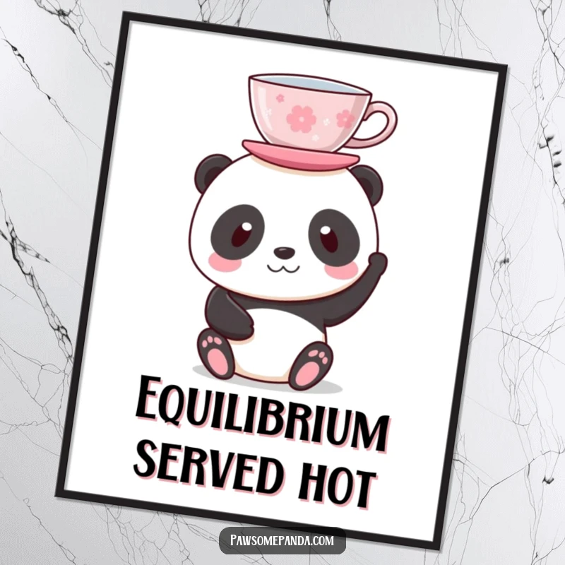 Funny digital art print of a panda gracefully balancing a teacup on its head, embodying calm elegance and playful charm.