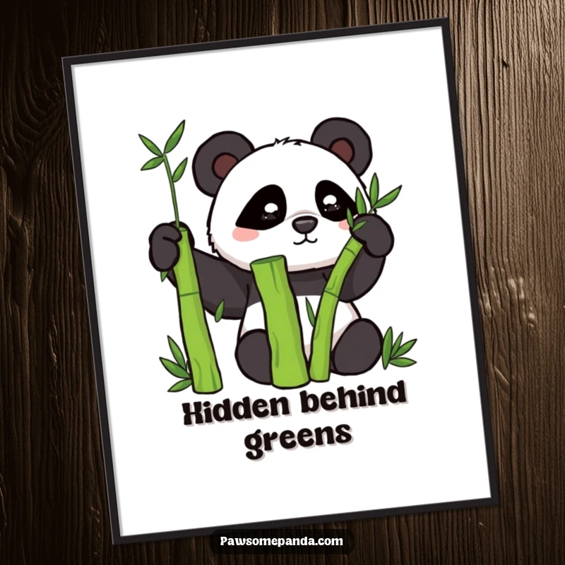 Funny digital art print of a mischievous panda character hiding behind a bamboo stalk.