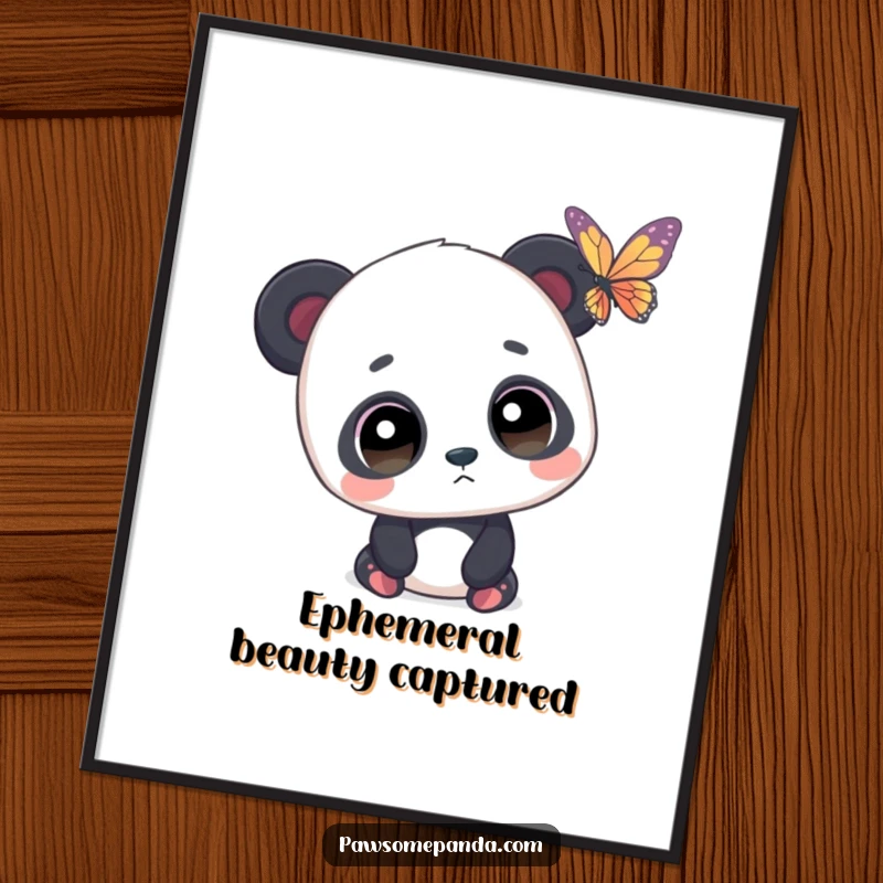 Funny digital art print of a panda with wide, captivated eyes watching a butterfly, evoking innocence and gentle curiosity.
