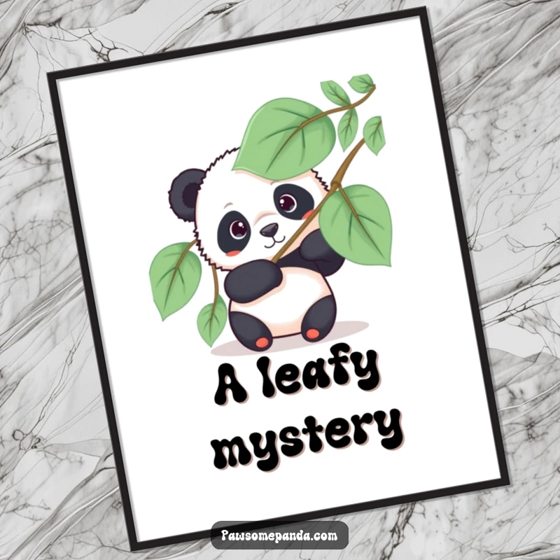 Funny panda digital art print of a curious panda bear peeking from behind a large leafy fan, a humorous and engaging piece.