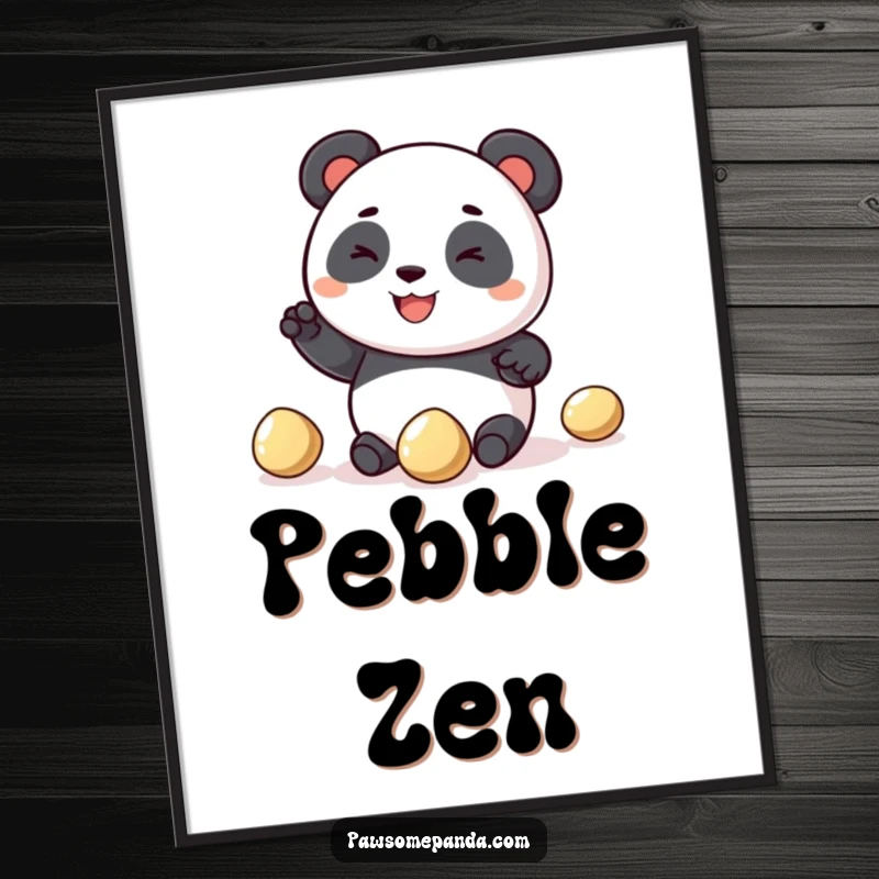 Funny panda juggling digital art print of a happy panda character trying to juggle three shiny pebbles, conveying pure comedic delight.