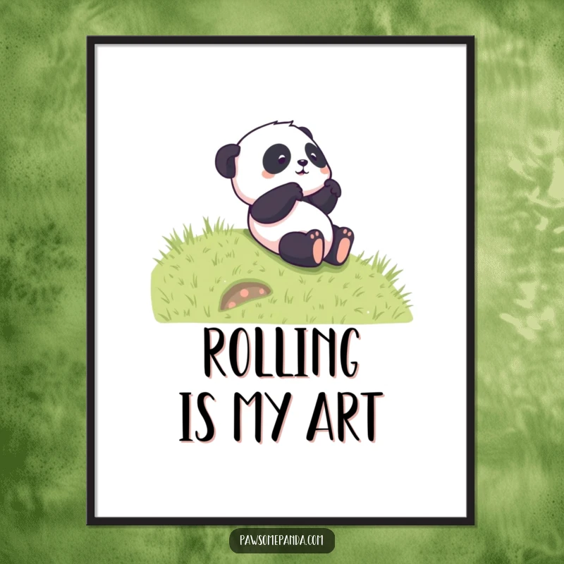 Funny digital art print of a panda character gleefully rolling down a grassy hill, celebrating fun and a playful spirit.