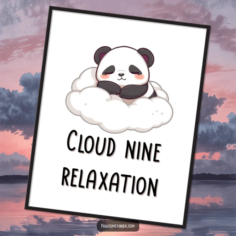 Funny digital art print of a sleepy panda contentedly rolling in fluffy clouds, creating a serene atmosphere.