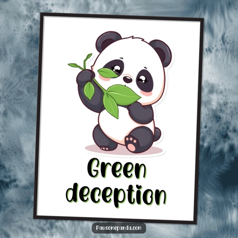 Funny panda playfully bamboozling a leaf as a digital art print, for instant cheeky decor.