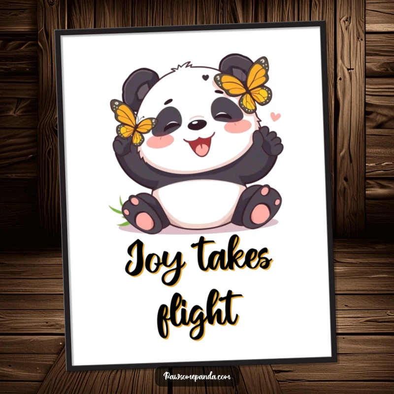 Funny panda digital art print of a panda bear giggling while a butterfly tickles it, a humorous and heartwarming piece.