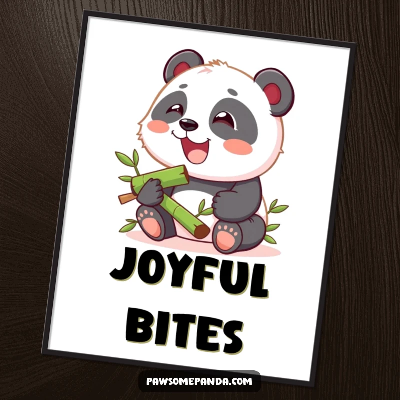 Funny digital art print of a kawaii panda cub happily munching on bamboo, radiating joy and contentment.