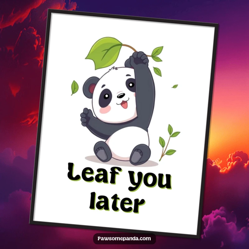 Funny Panda Digital Art Print of a character reaching for a leaf, creating instant serene and humorous wall decor.