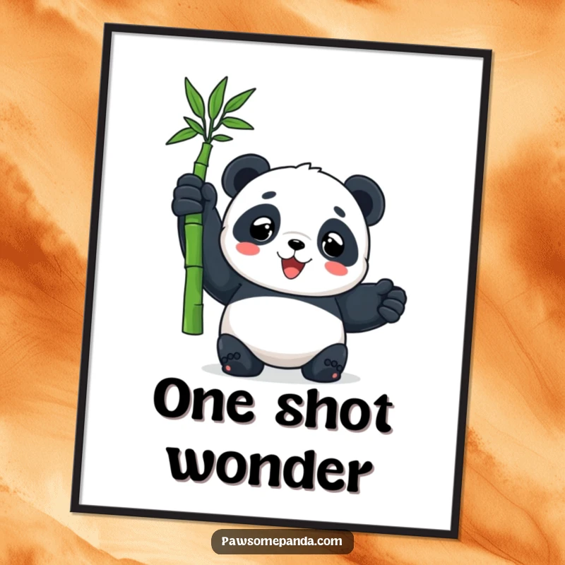 Funny digital art print of a panda character holding a bamboo shoot triumphantly, a humorous and uplifting decoration.