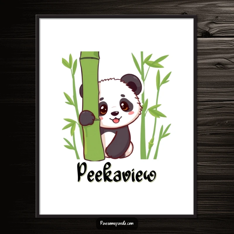 Funny digital art print of a kawaii panda cub curiously peeking from behind bamboo, offering a sweet and charming visual appeal.