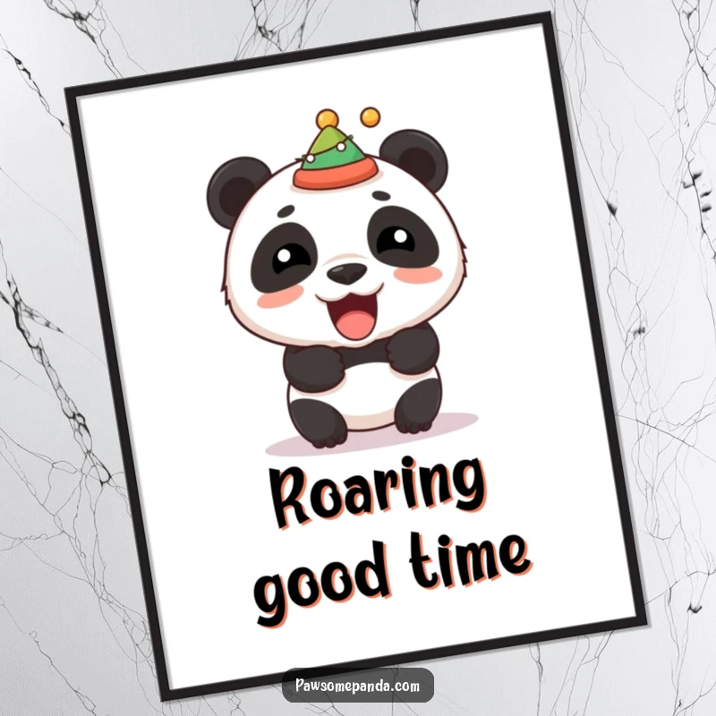 Funny digital art print of a stocky panda roaring with a festive hat, perfect for instant download and festive decor.