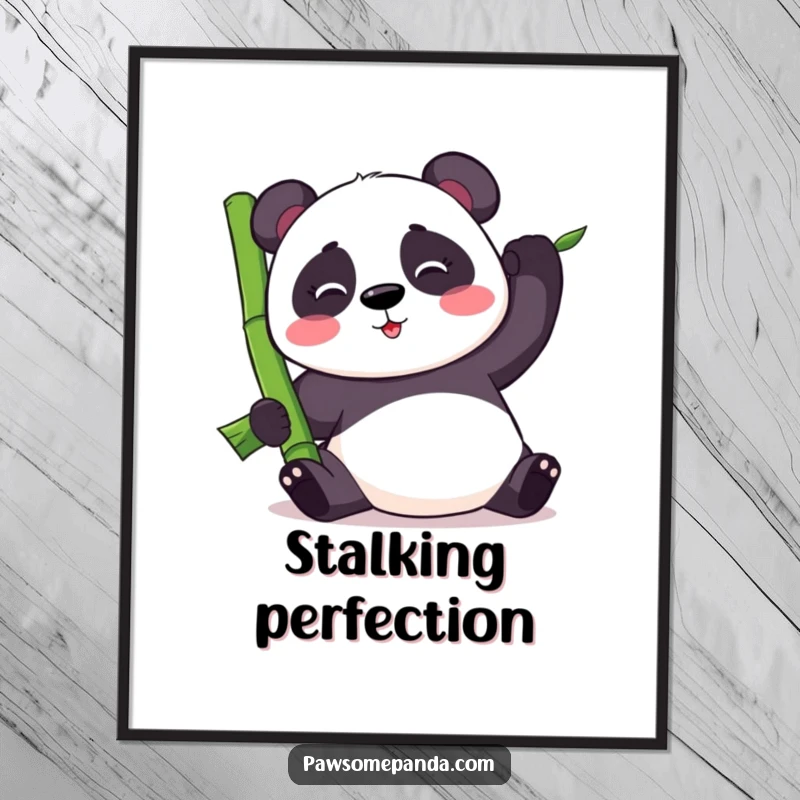 Funny kawaii panda bear struggling to balance a large bamboo stalk, as a humorous digital art print for instant wall decor.