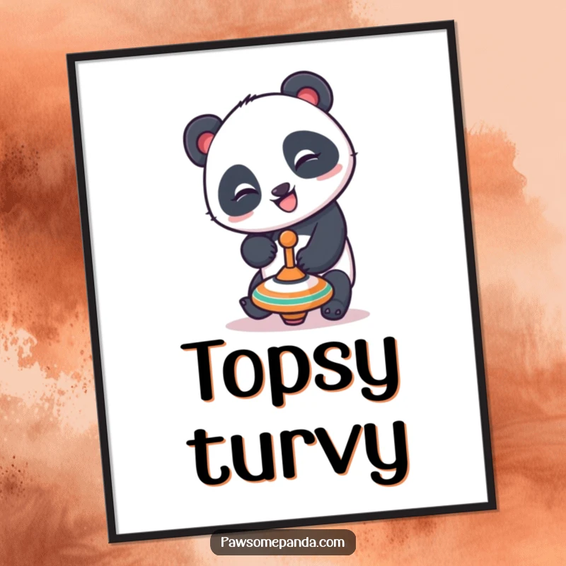 Funny panda balancing digital art print of a playful panda character with a mischievous grin trying to balance a spinning top, radiating pure amusement.