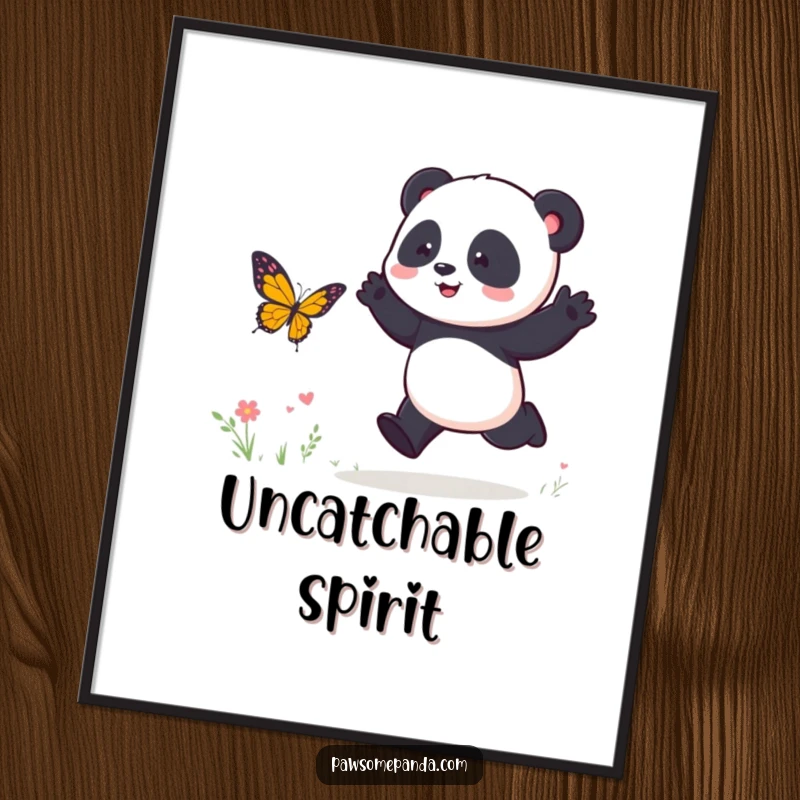 Funny Digital Art Print: A dynamic panda character energetically hops, playfully chasing a butterfly in a lively illustration.