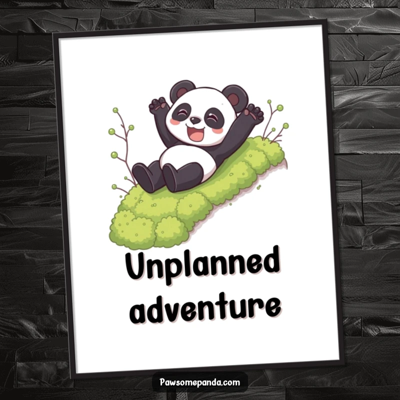 Funny digital art print of a panda character gleefully sliding down a mossy incline, a humorous and joyful decoration.