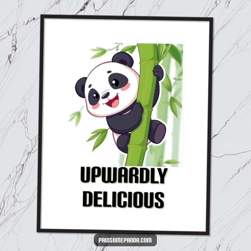 Funny digital art print of a grinning panda character scaling a bamboo stalk, bringing a sense of cheerful ambition to any room.