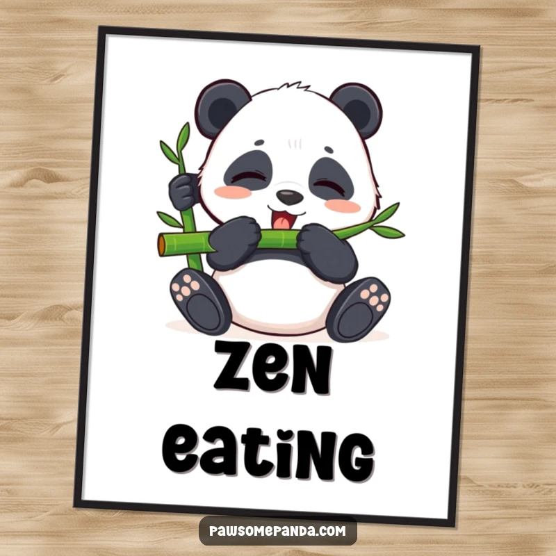 Funny digital art print of a content panda happily munching bamboo with closed eyes, perfect for instant download and serene decor.