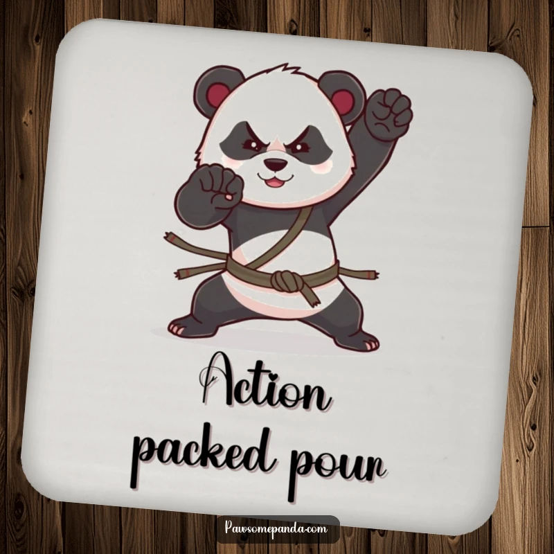 Funny drink coaster depicting a panda in a striking martial arts pose, adding a humorous and protective element.