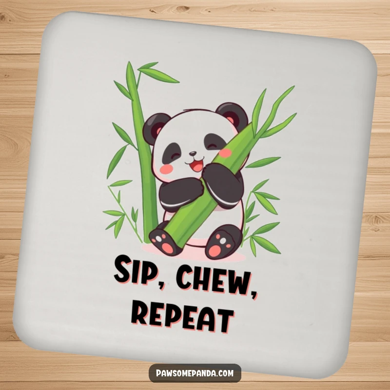 Funny Coaster: A happy panda character hugs a giant bamboo leaf with hilarious delight, protecting your surfaces.