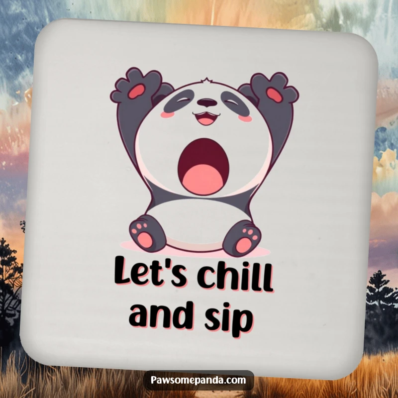 Funny Kawaii Panda Coaster set with a cute panda bear stretching with a big yawn and a smile, protecting surfaces.