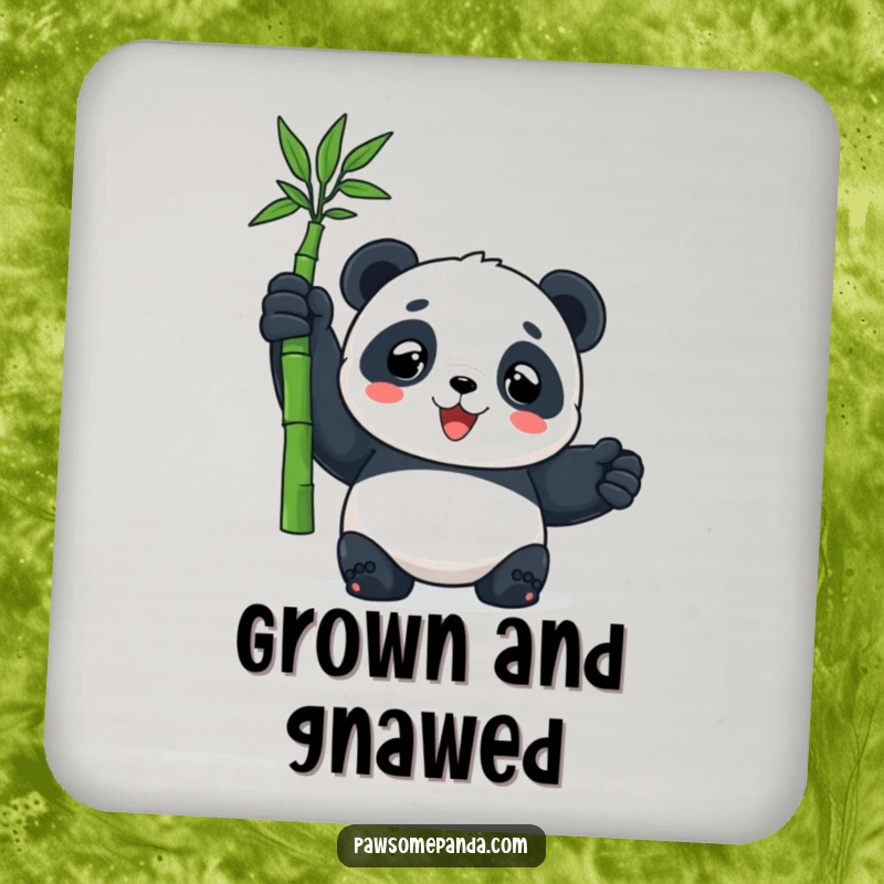 Funny drink coaster set featuring a panda character triumphantly holding a bamboo shoot, protecting furniture with humorous charm.