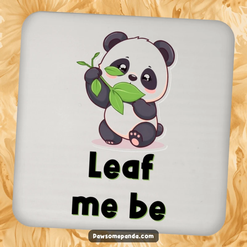 Funny panda playfully bamboozling a leaf on a drink coaster, adding cheeky humor to surfaces.