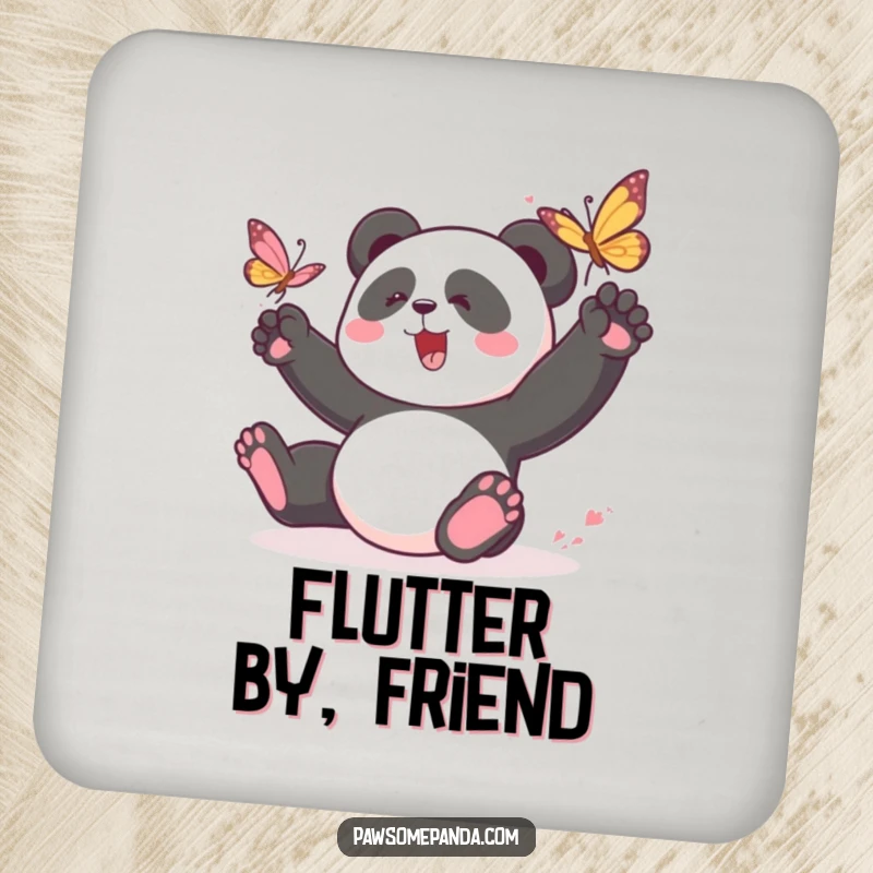 Funny panda drink coasters featuring a playful panda character chasing a butterfly, adding lively charm and protection to any tabletop.