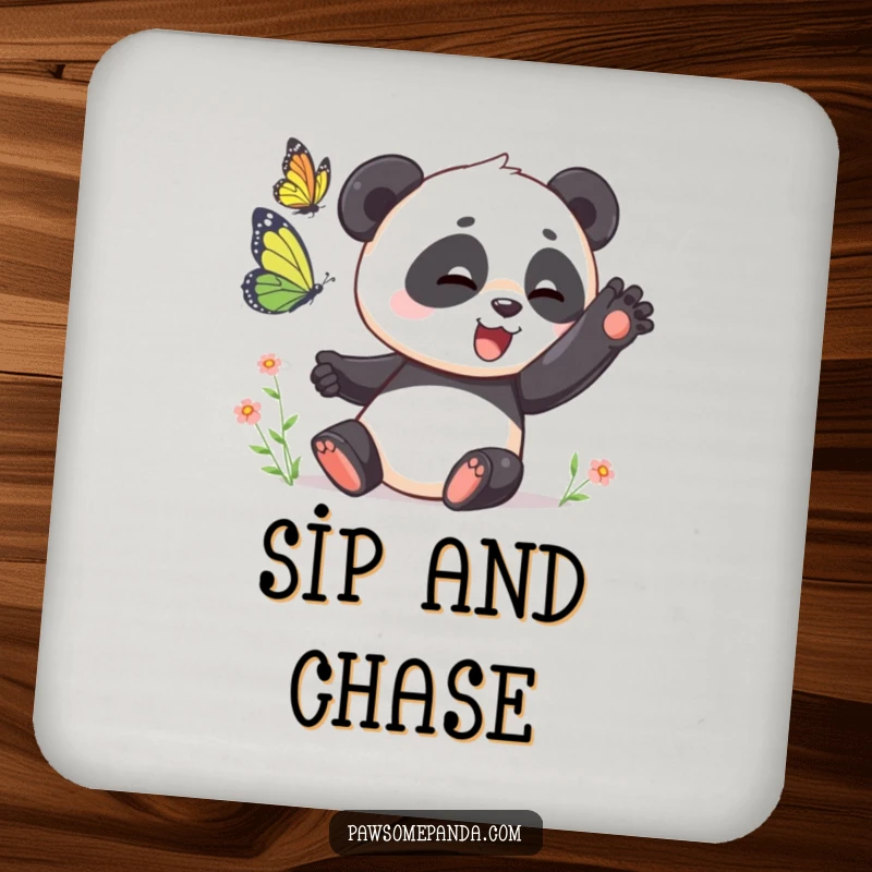 Funny Coaster: A panda playfully swatting at a butterfly, bringing playful action and humor to surfaces, a perfect funny gift.