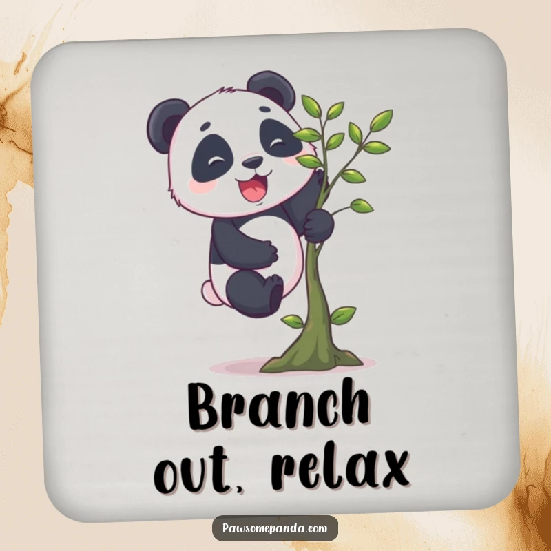 Funny panda drink coaster showing a cheerful panda character with stubby legs enthusiastically climbing a small tree, adding a humorous touch to any surface.