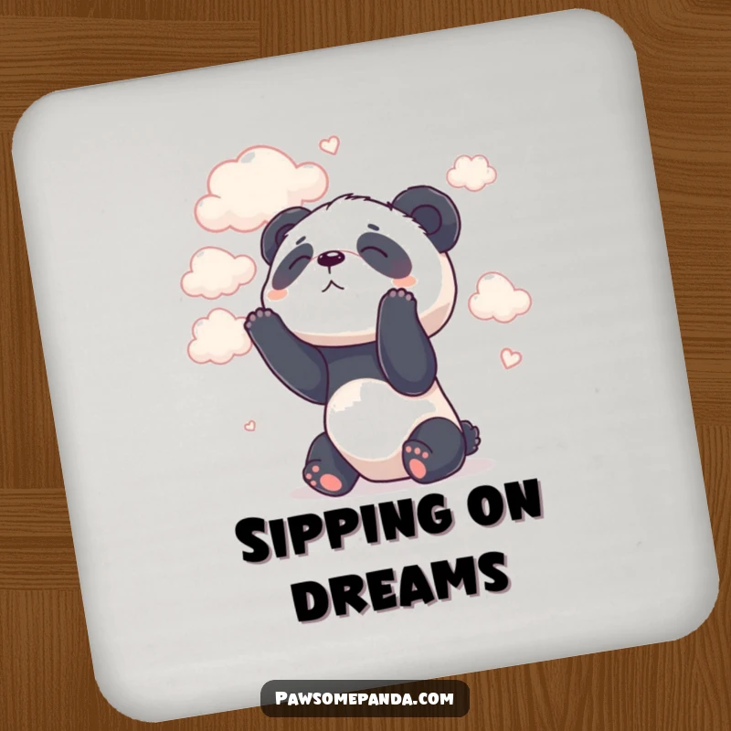 Funny drink coaster depicting a dreamy panda character looking up at fluffy clouds.