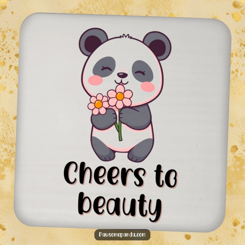 Funny panda drink coasters featuring a delighted panda holding a flower, adding floral charm and protection to any tabletop.