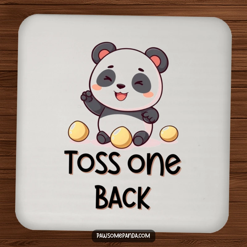 Funny panda drink coaster featuring a happy panda character attempting to juggle three shiny pebbles, adding a humorous touch to any tabletop.