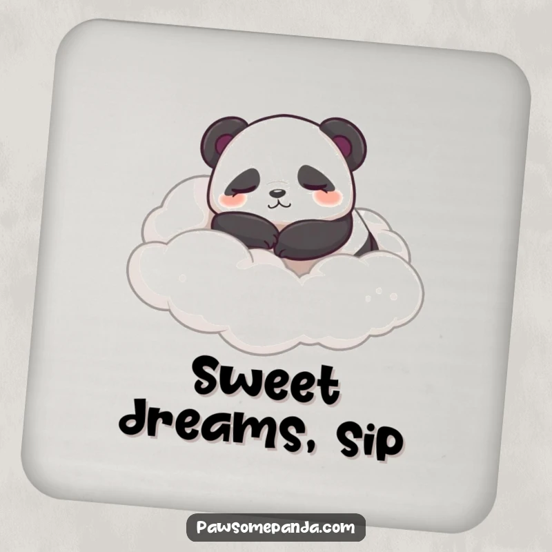 Funny drink coaster with a sleepy panda character contentedly rolling in fluffy clouds, protecting surfaces.