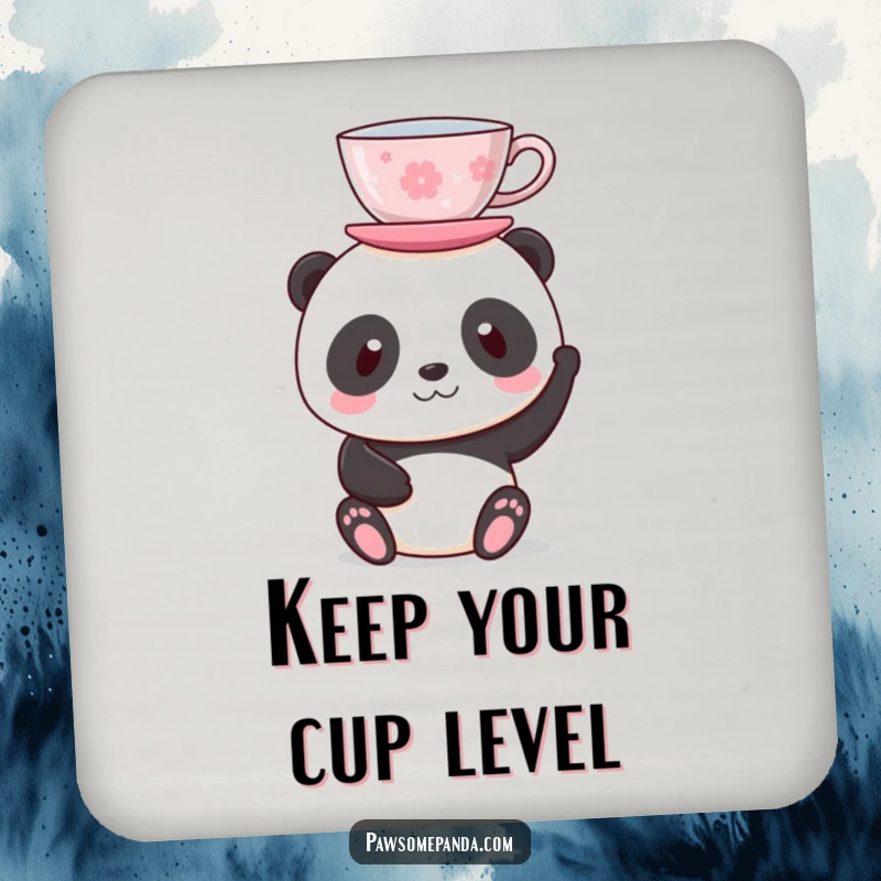 Funny drink coaster with a panda balancing a teacup on its head, adding a touch of elegant humor to surfaces.